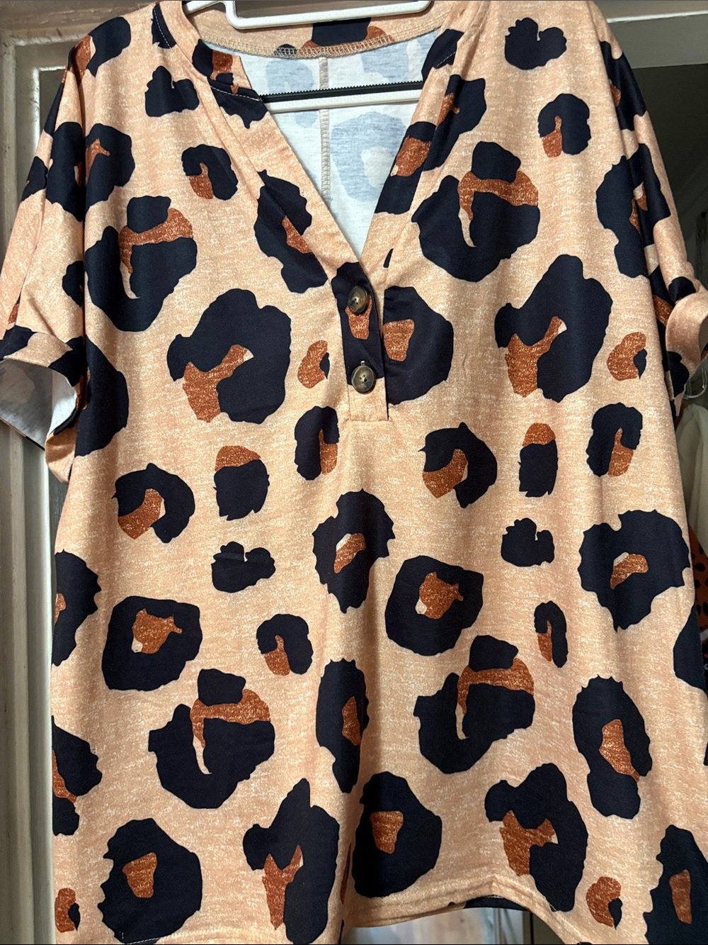 Source Unknown Short Sleeve Leopard Print V-Neck Top - Black & Tan